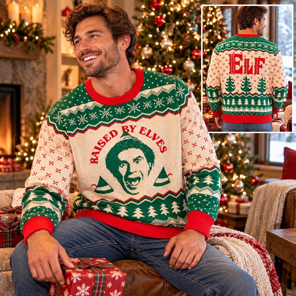 Elf Movie Christmas Sweater Mens XL Raised By Elves Buddy Ugly Holiday Knit